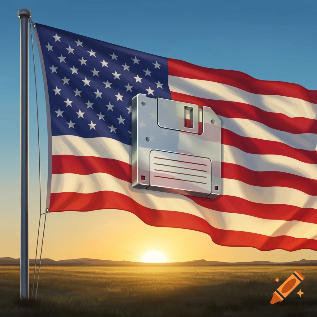 American flag with a metallic floppy disk icon over a sunset field, in a stylized illustration.