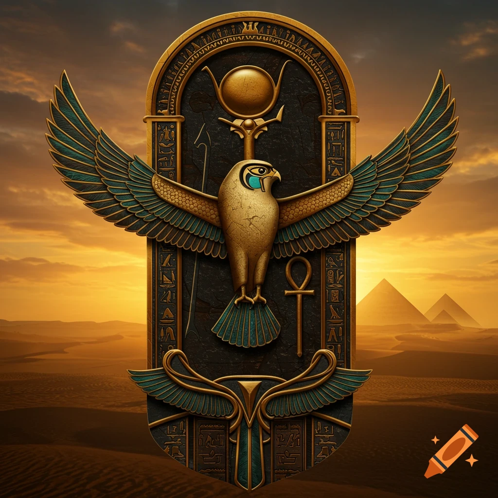 A golden ancient Egyptian crest featuring a hawk with outspread wings, an ankh, and hieroglyphs, set against a sunset desert sky with pyramids.