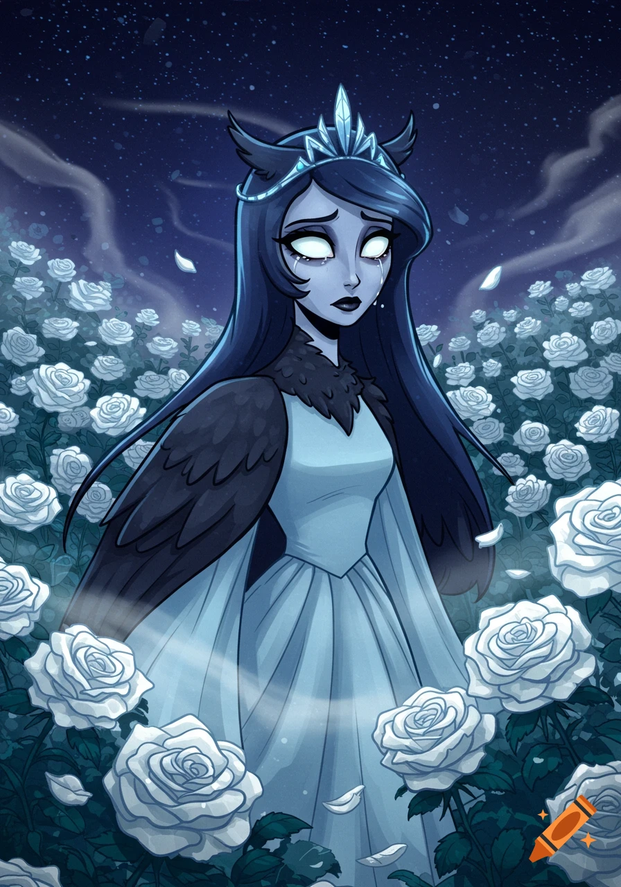 A sad owl princess with glowing white eyes and a tiara stands in a moonlit white rose garden in a Vivziepop style illustration.
