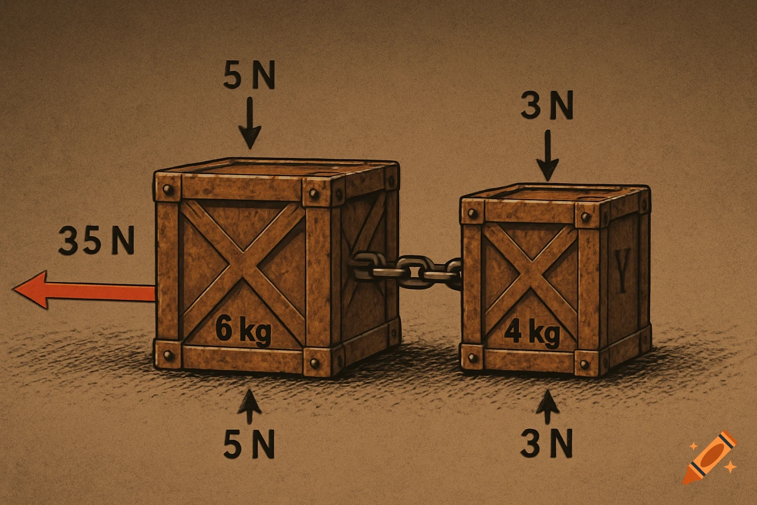 A physics diagram showing two wooden crates connected by a chain. Forces and masses are labeled: a 35 N horizontal force on the left crate, which has a mass of 6 kg, and vertical 5 N forces. The right crate has a mass of 4 kg and vertical 3 N forces. The background is a textured brown.