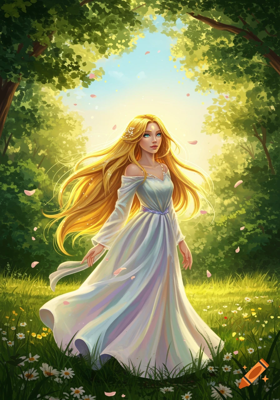 A long-haired blonde woman in a white dress stands in a sunny forest clearing with falling petals and wildflowers in a digital art style.