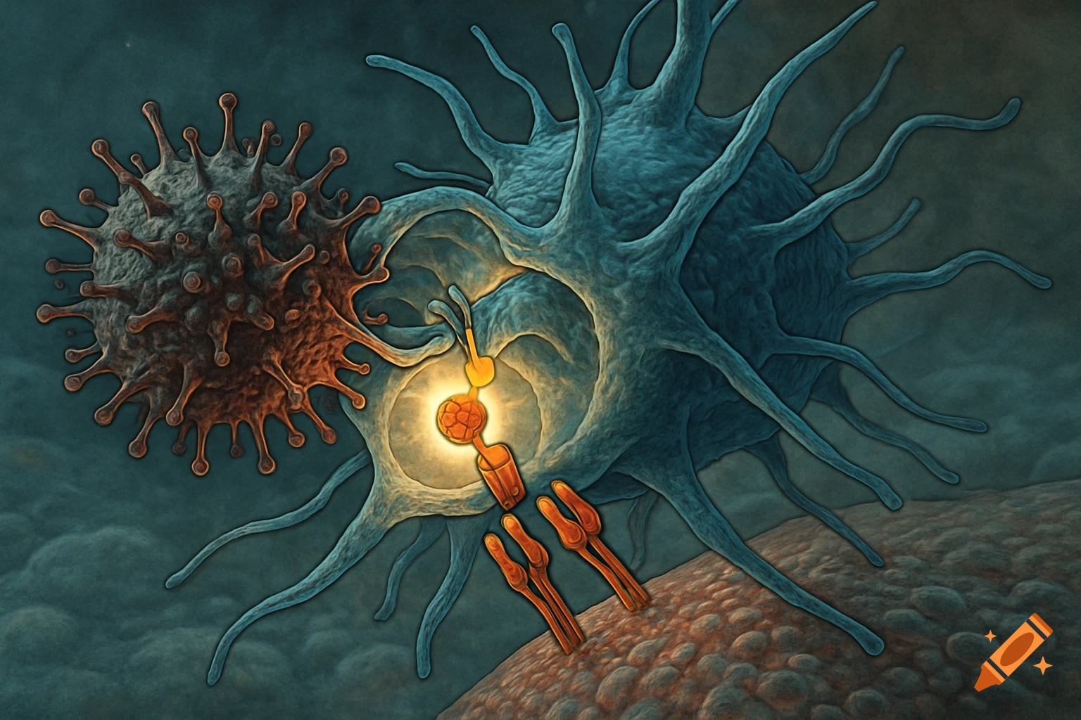 A detailed illustration of a dark red virus-like pathogen with spikes interacting with a large, sprawling blue dendritic cell, showing a biological process.