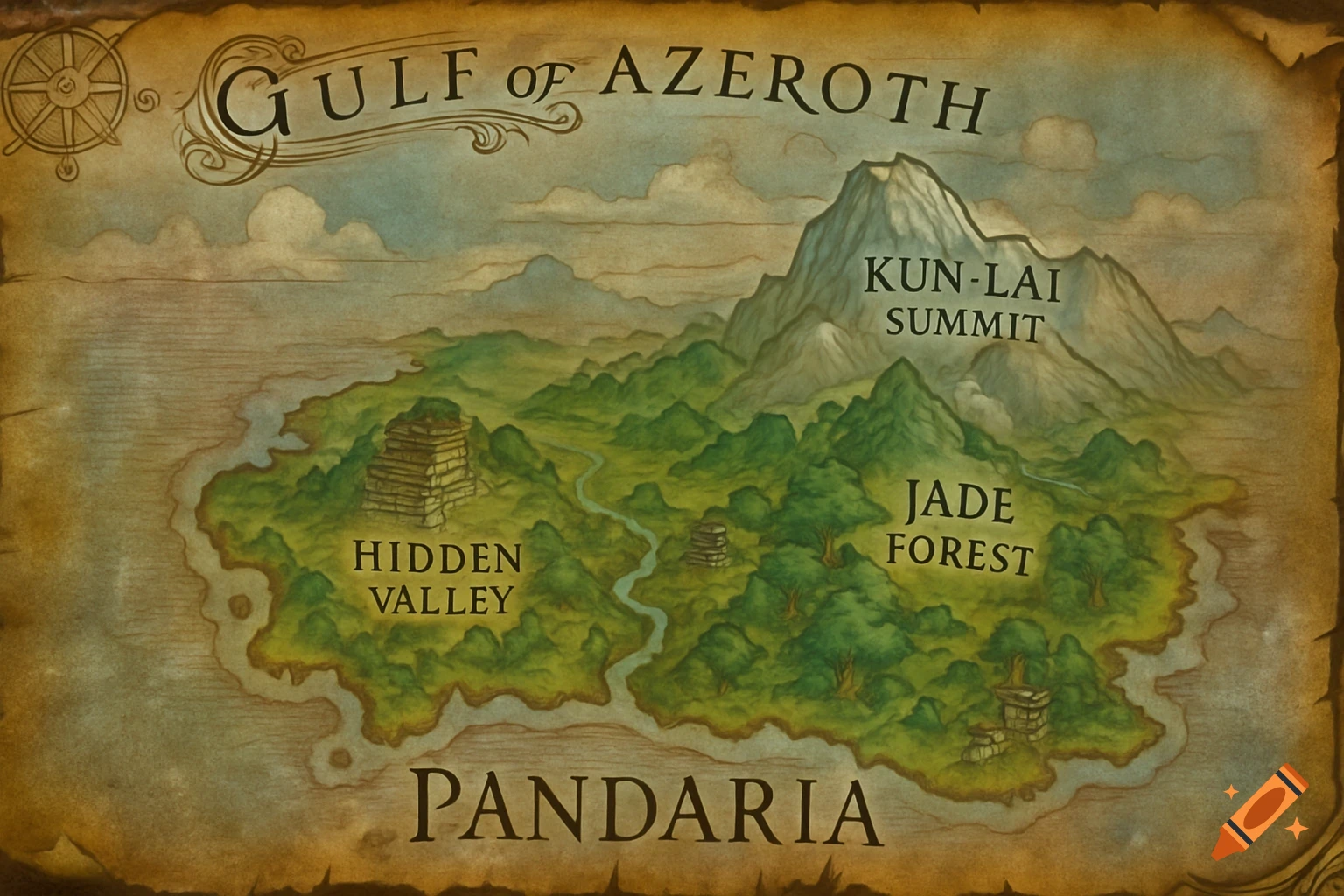 An old-style fantasy map of Pandaria, featuring regions like Kun-Lai Summit, Jade Forest, and Hidden Valley, bordered by the Gulf of Azeroth.