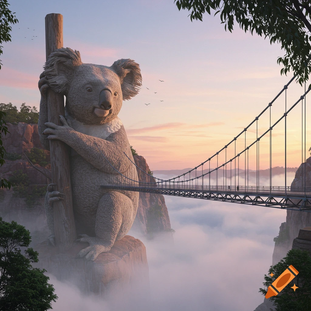 Giant koala statue holding a large tree trunk on a mountain cliff, next to a suspension bridge spanning a misty gorge at sunset.