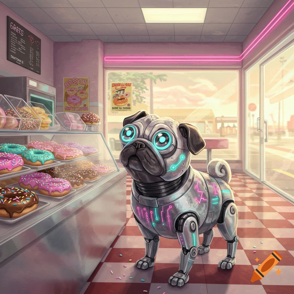 A cute robot pug with glowing blue eyes stands inside a retro-style donut shop, looking at a display case full of colorful donuts. Pink neon lights illuminate the shop.