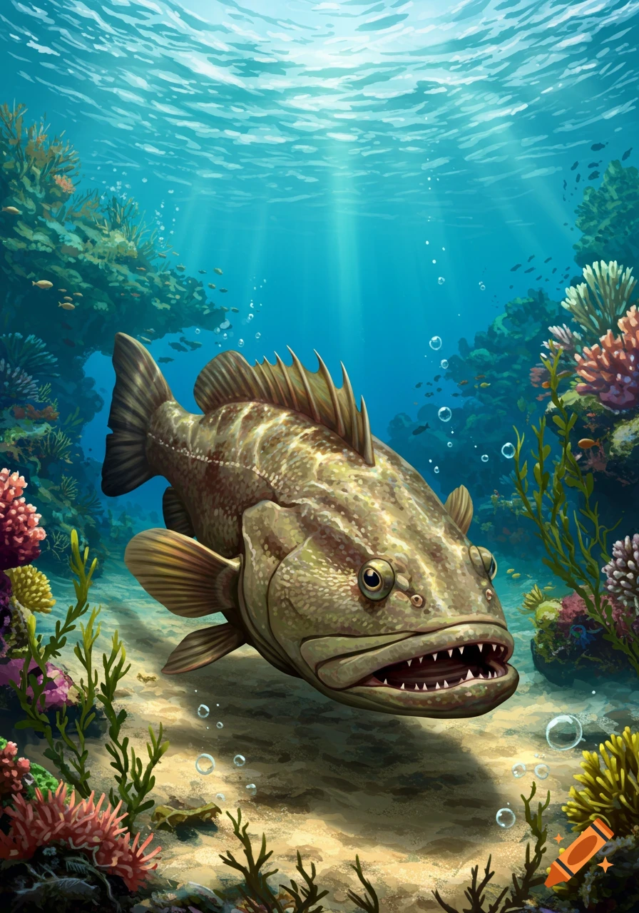 An illustrated, angry-looking fish with sharp teeth swims among colorful coral and marine plants in a sunlit underwater reef.