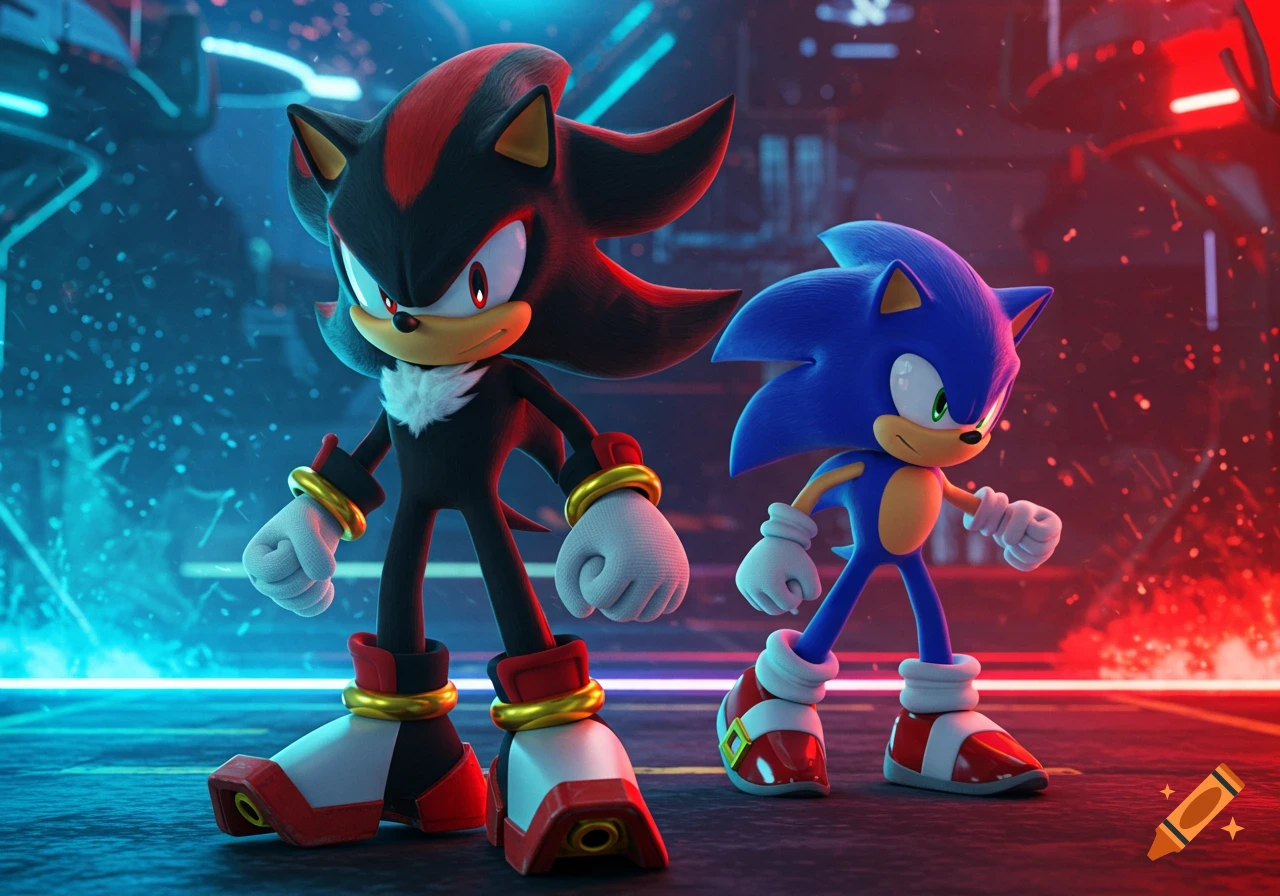 Shadow and Sonic the Hedgehog stand side-by-side in a futuristic, neon-lit environment with blue and red lighting.