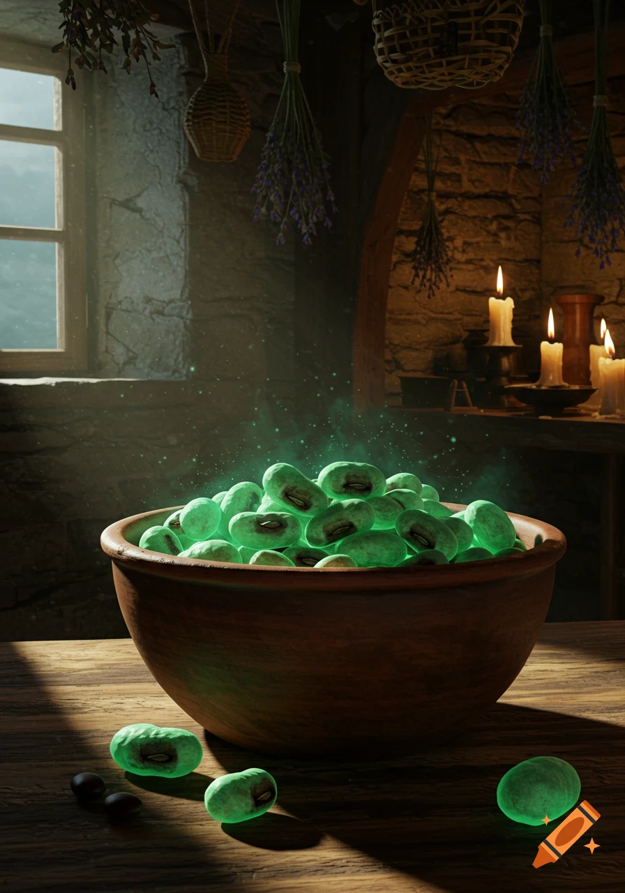 A wooden bowl filled with glowing green beans in a dimly lit, rustic room with a window, hanging herbs, and candles.
