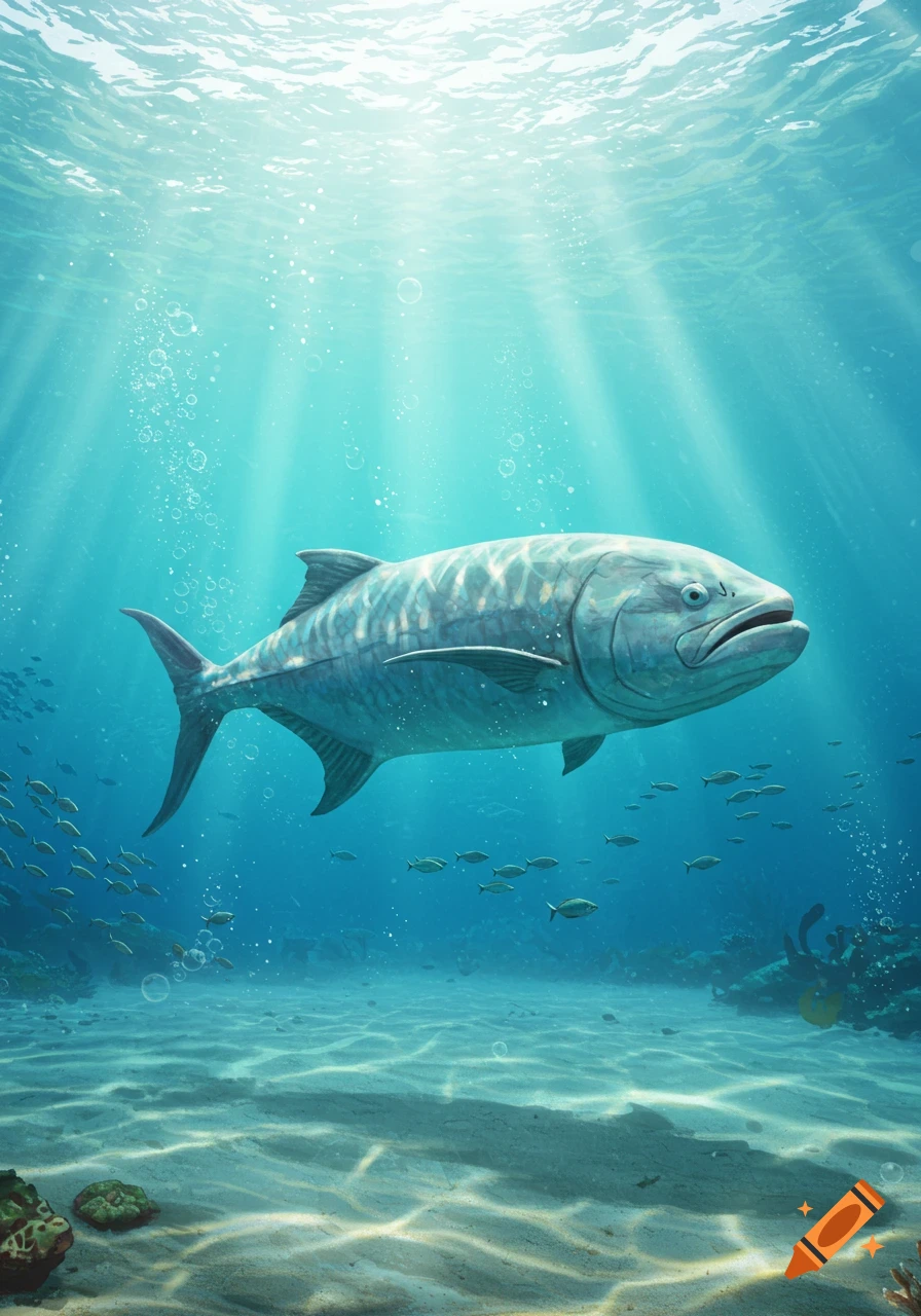 A large fish swims through clear blue ocean water with sun rays beaming down from the surface onto the sandy seafloor.