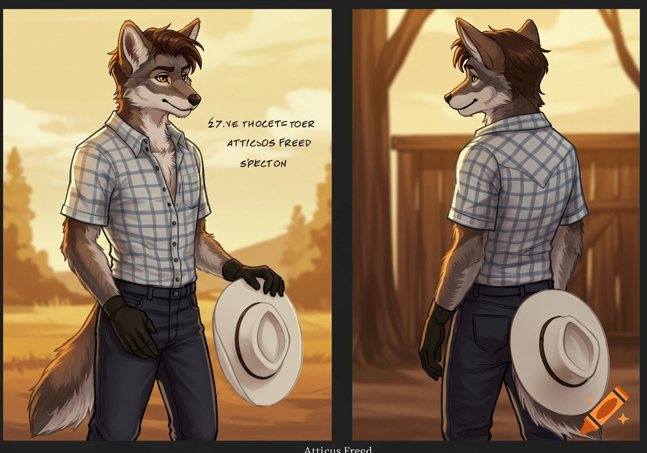 A character sheet with two views of an anthropomorphic prairie coyote in a plaid shirt and dark pants, holding a cowboy hat.