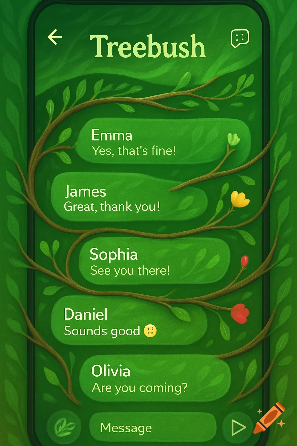 A mobile messaging app interface named "Treebush" with a green, leafy, and branch-like design. It displays several chat bubbles with names and messages.