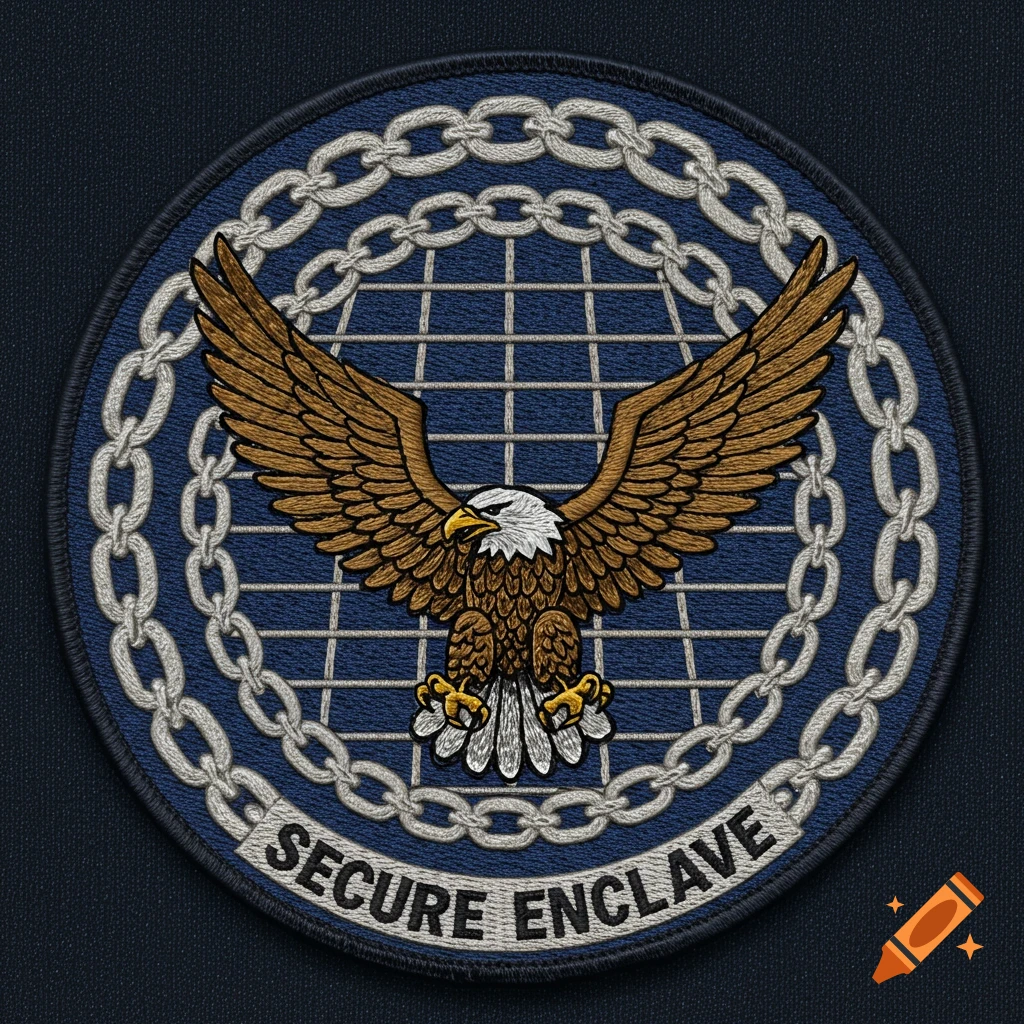 An embroidered military-style patch featuring a brown and white eagle with spread wings over a blue grid, surrounded by a chain border and text "SECURE ENCLAVE".