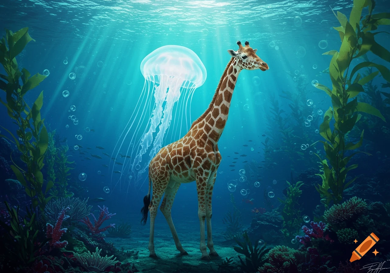A photorealistic giraffe stands on the ocean floor with a jellyfish overhead, surrounded by marine life and sunlight.