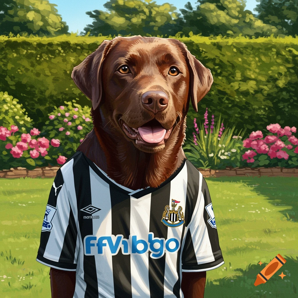 A chocolate labrador wearing a black and white striped soccer jersey stands in a sunny green garden.