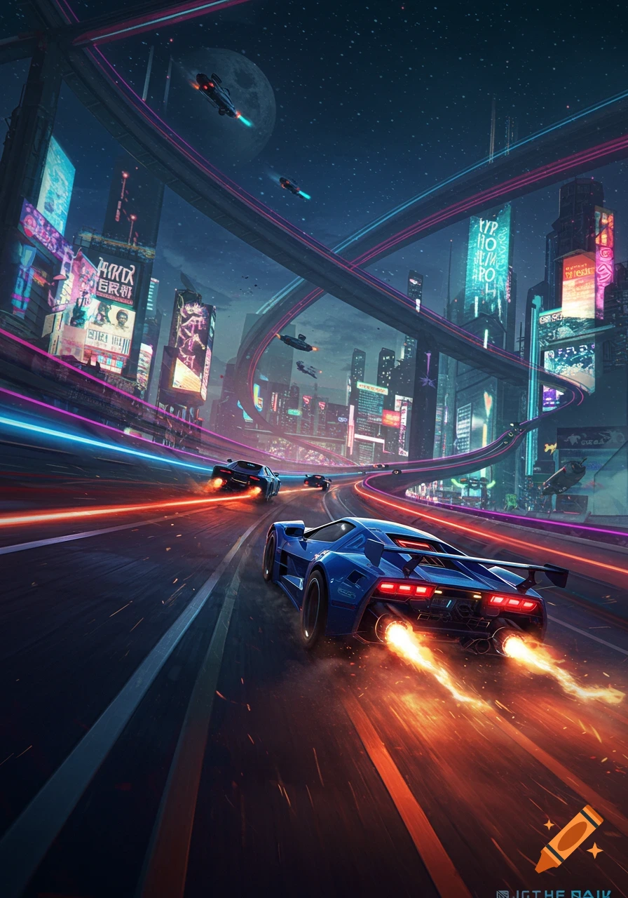 A blue sports car races on a multi-level highway in a neon-lit futuristic city at night, with flying vehicles and a large moon.