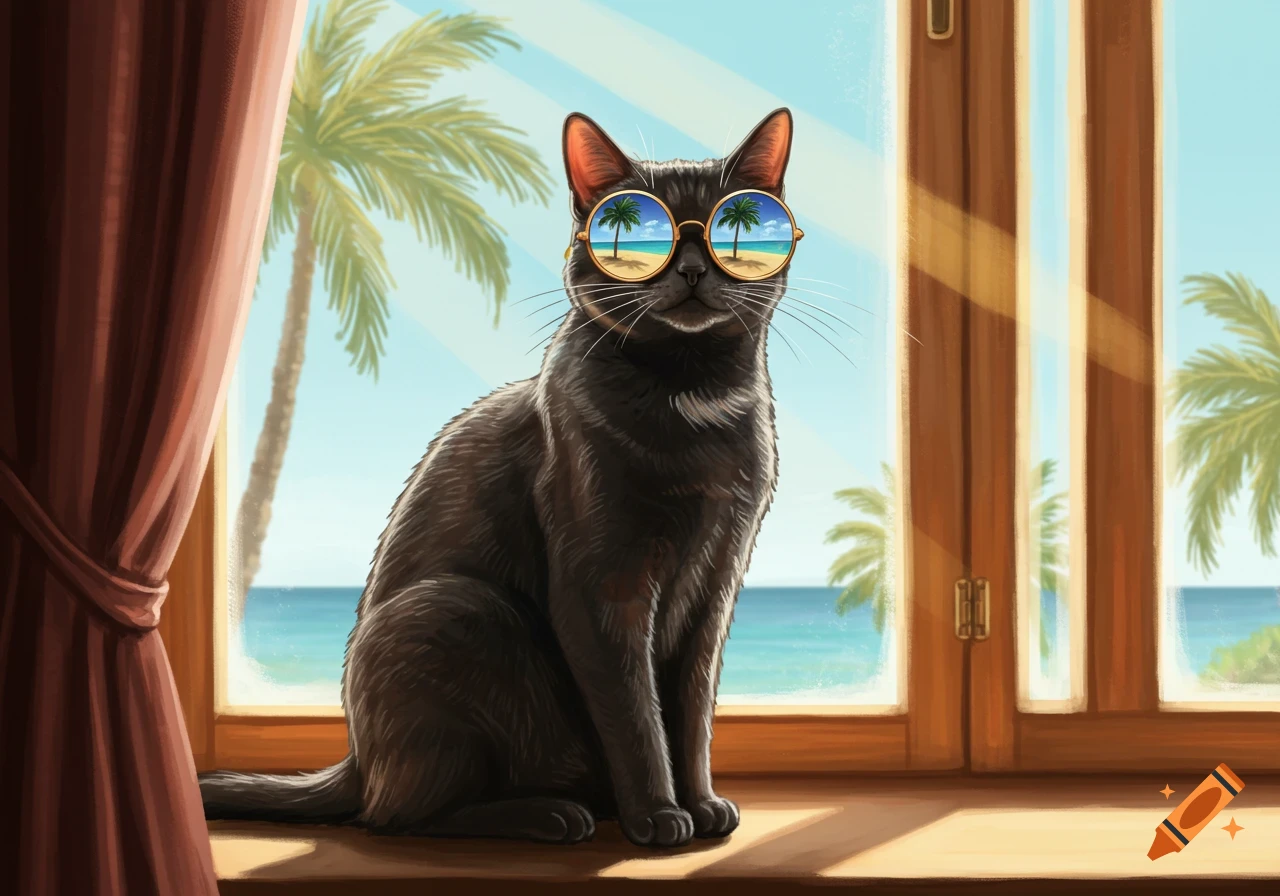 A black cat wearing round sunglasses sits on a windowsill, with a tropical beach reflected in its lenses.