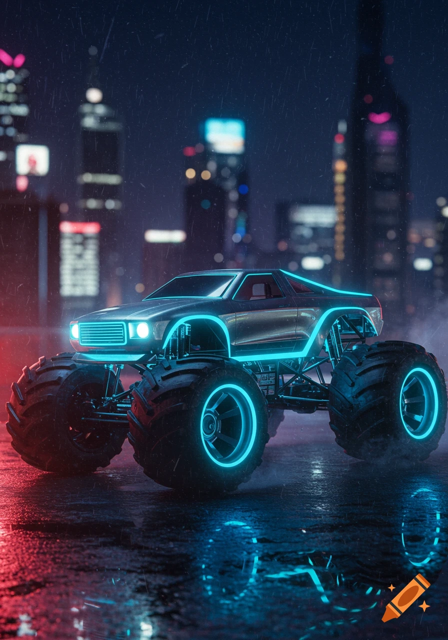 Photorealistic futuristic monster truck with neon blue lights on a wet city street at night with rain.