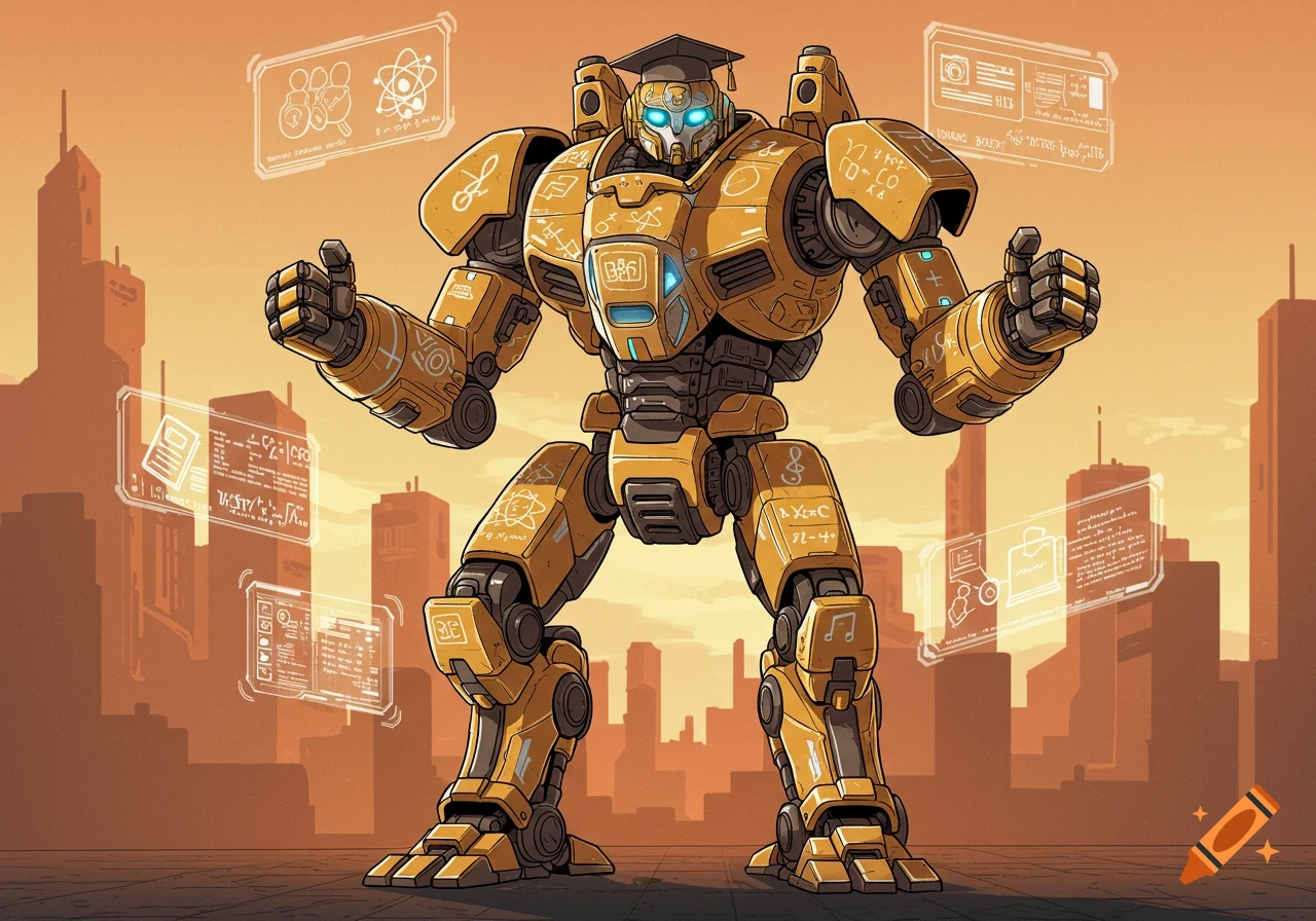A stylized yellow and grey educational robot wearing a graduation cap stands in a city, surrounded by holographic screens displaying scientific symbols.