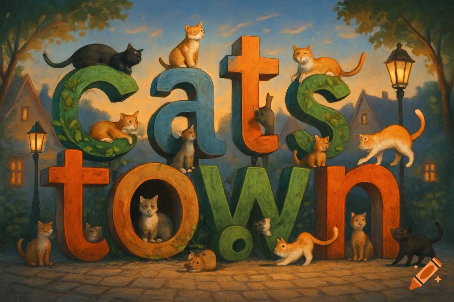Various cats interacting with large, colorful 3D letters spelling 'CATS TOWN' in a whimsical, painterly style at dusk.