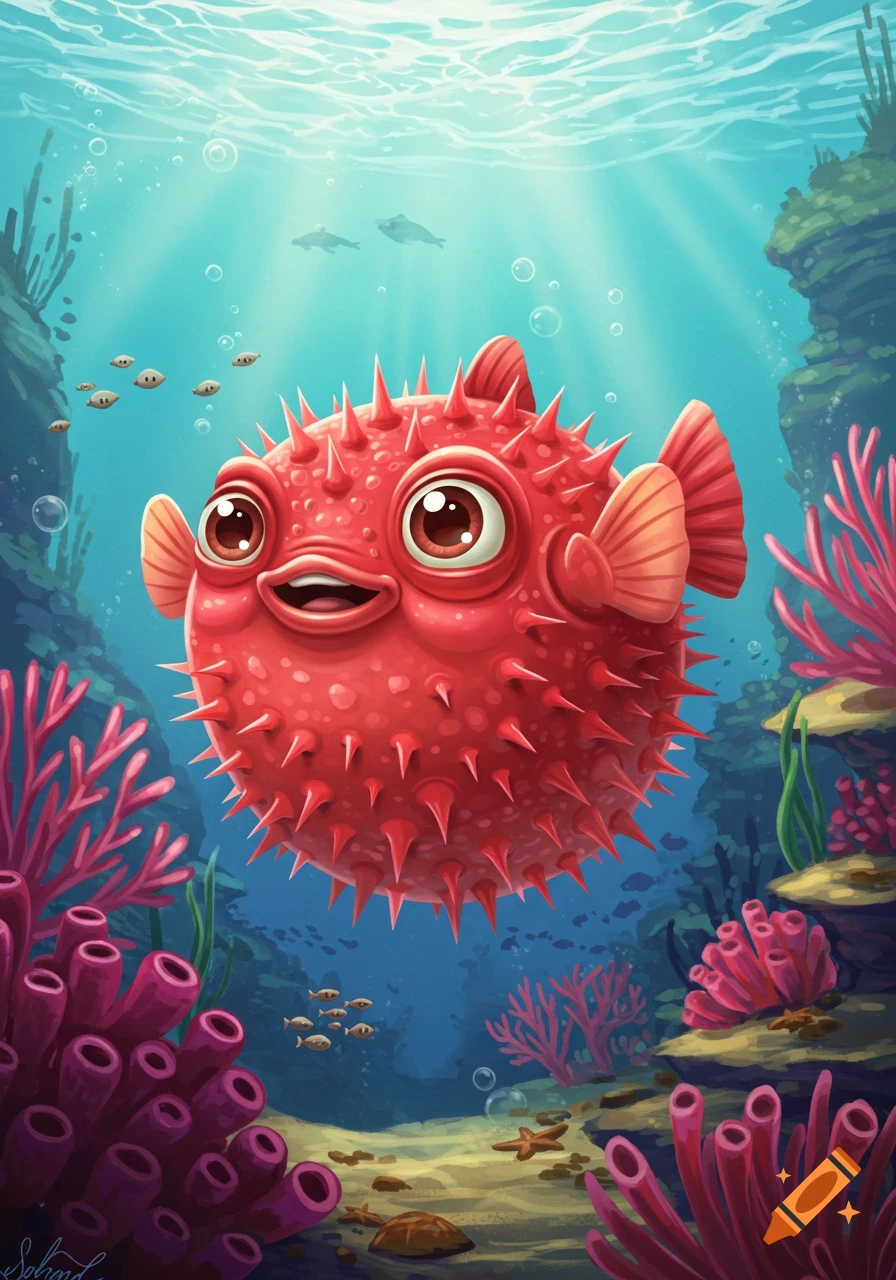 A friendly, plump red cartoon pufferfish with large eyes smiles underwater amidst colorful coral and small fish, illuminated by sunlight from above.