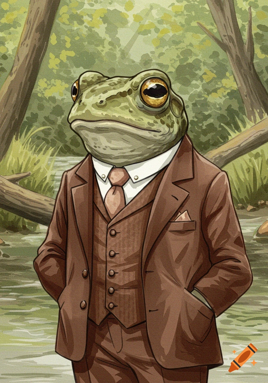 A distinguished anthropomorphic toad in a brown three-piece suit stands by a wooded riverbank in a watercolor style.