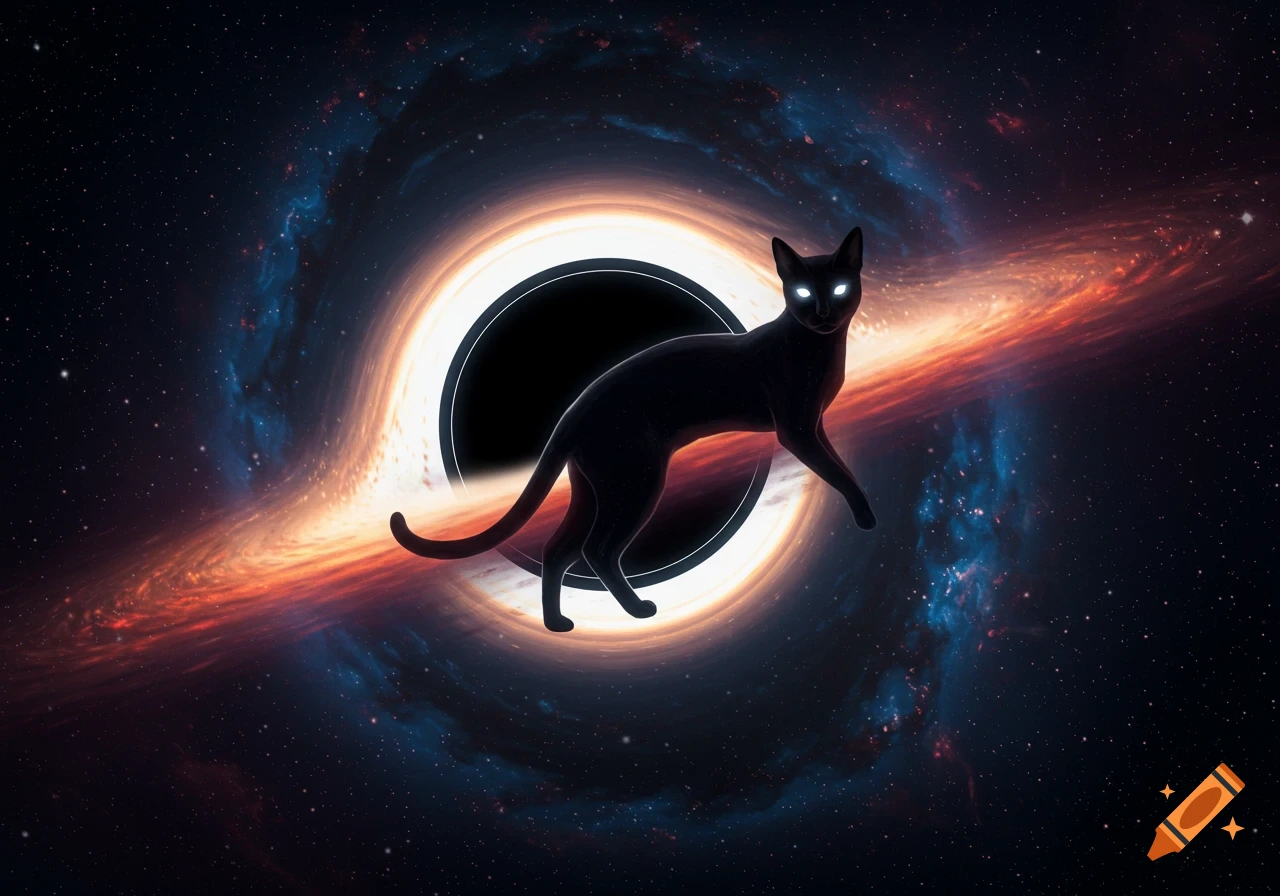 A stylized black cat with glowing eyes floats in front of a colorful black hole in deep space.