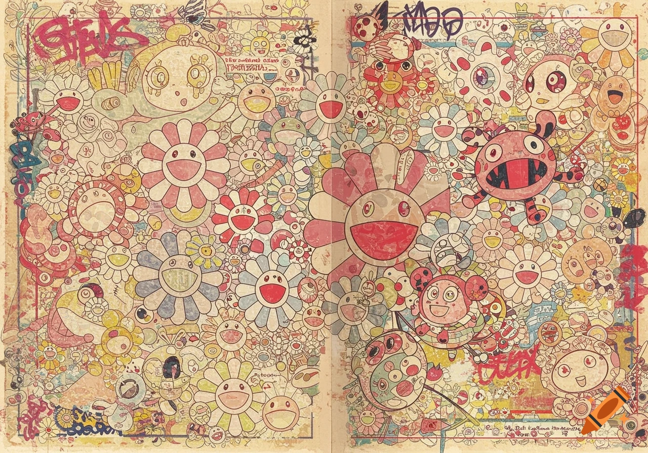 A busy, colorful illustration in Takashi Murakami's style, featuring smiling flowers and cartoon characters on an aged paper background.