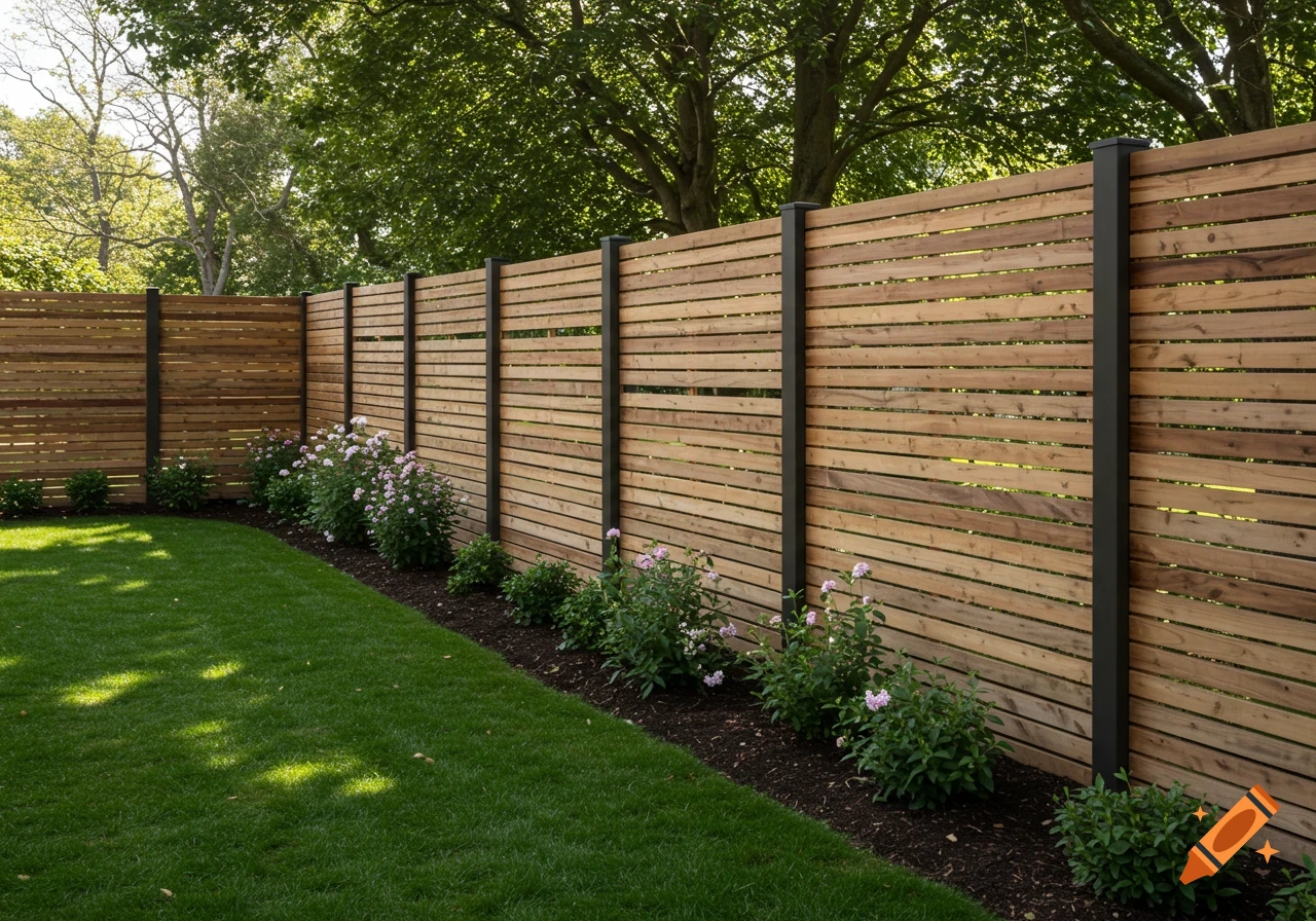 Modern wooden privacy fence with dark posts bordering a green lawn and a flower bed with pink flowers.