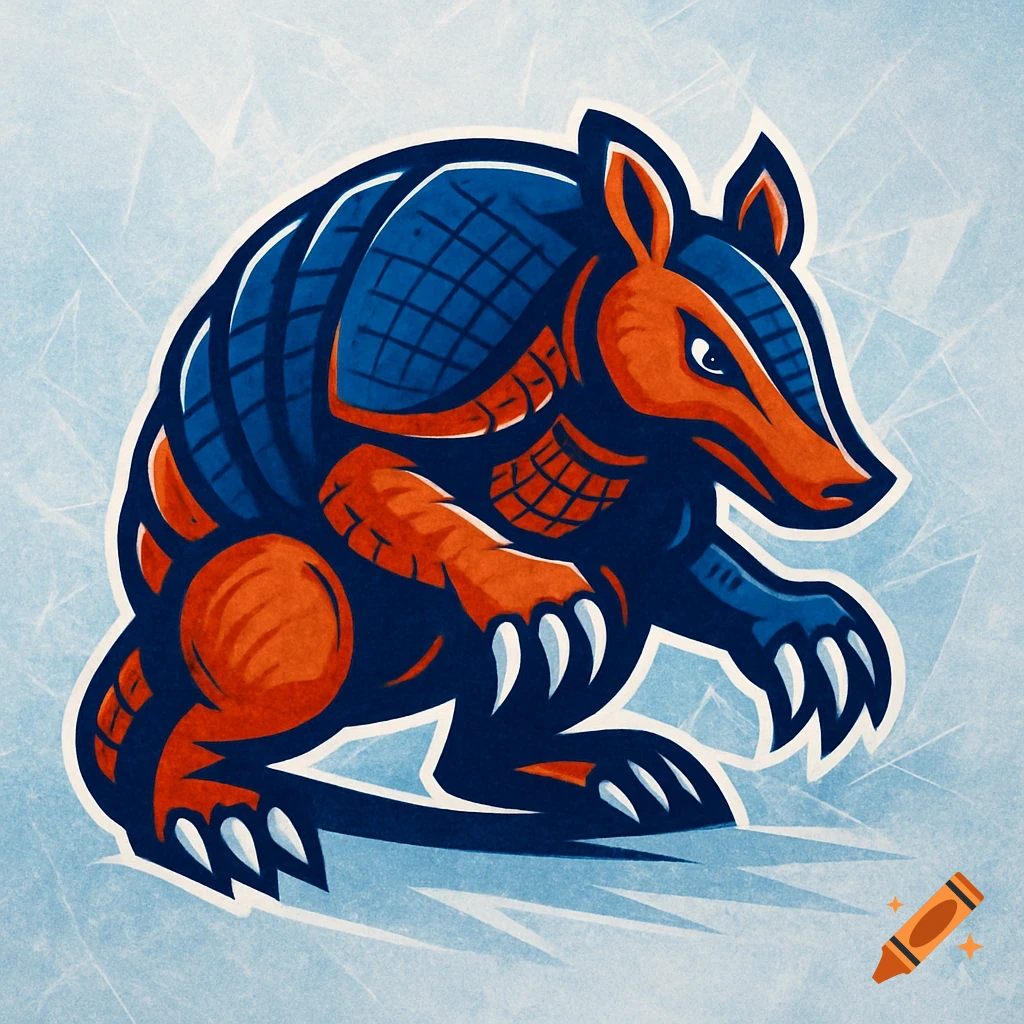 A stylized armadillo in a hockey logo design, depicted in blue and burnt orange with a textured background resembling ice.