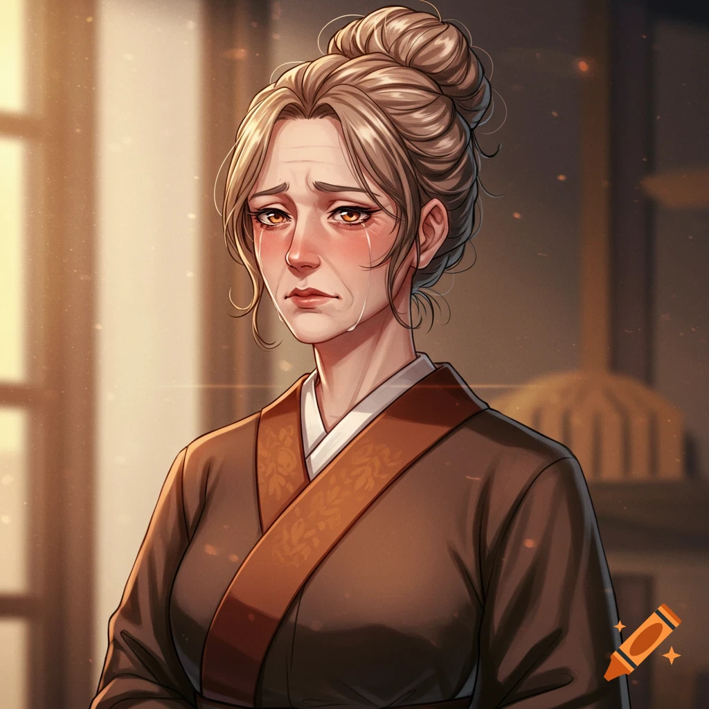 Semi-realistic anime portrait of a crying woman with light brown hair in a bun, wearing a brown robe.