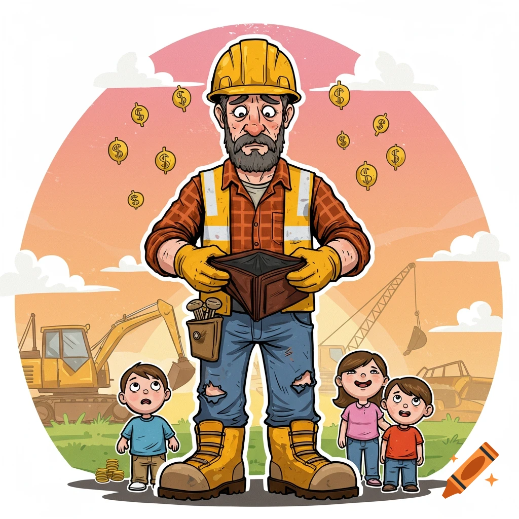 Cartoon of a sad construction worker dad holding an empty wallet, with his two children looking up at him and dollar signs floating in the air.