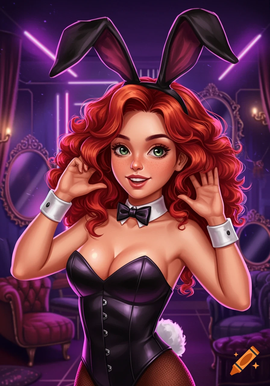 A vibrant digital illustration of a red-haired woman in a black bunny girl outfit with large ears and a bow tie.