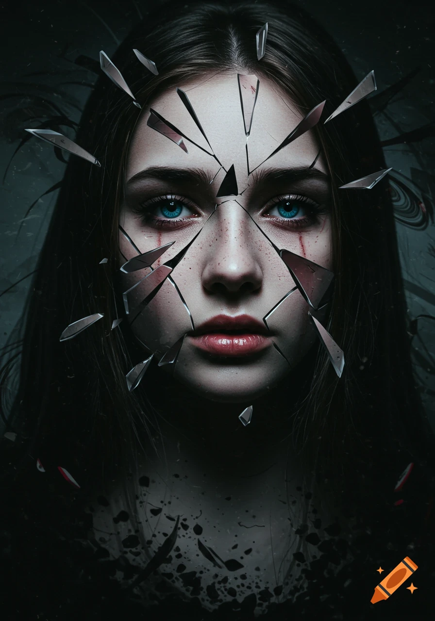 Dark, moody portrait of a woman's face shattering into reflective shards, with bright blue eyes and red tear-like streaks.