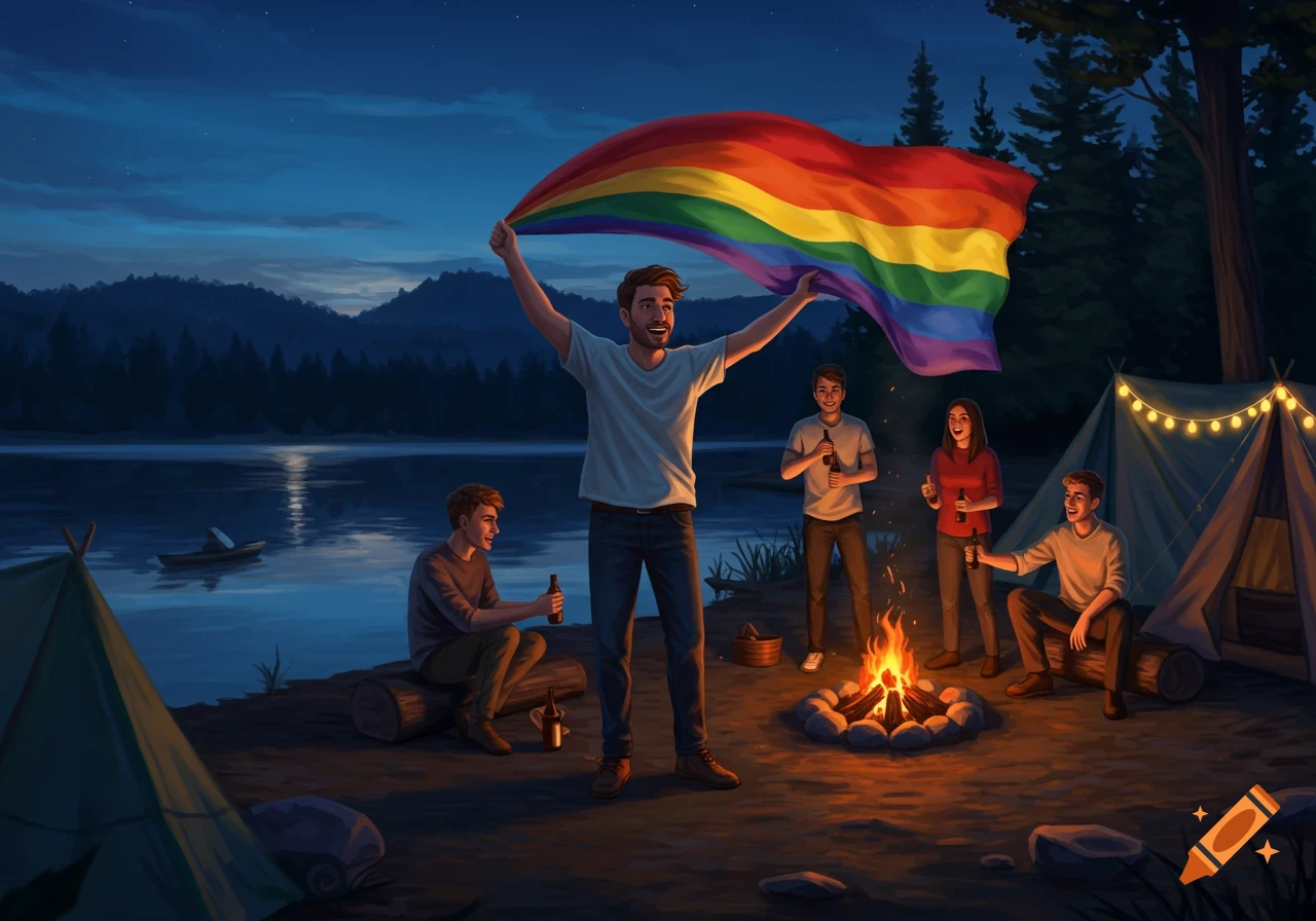 Illustrated scene of friends camping by a lake at night. A man holds a pride flag aloft while others sit around a campfire.