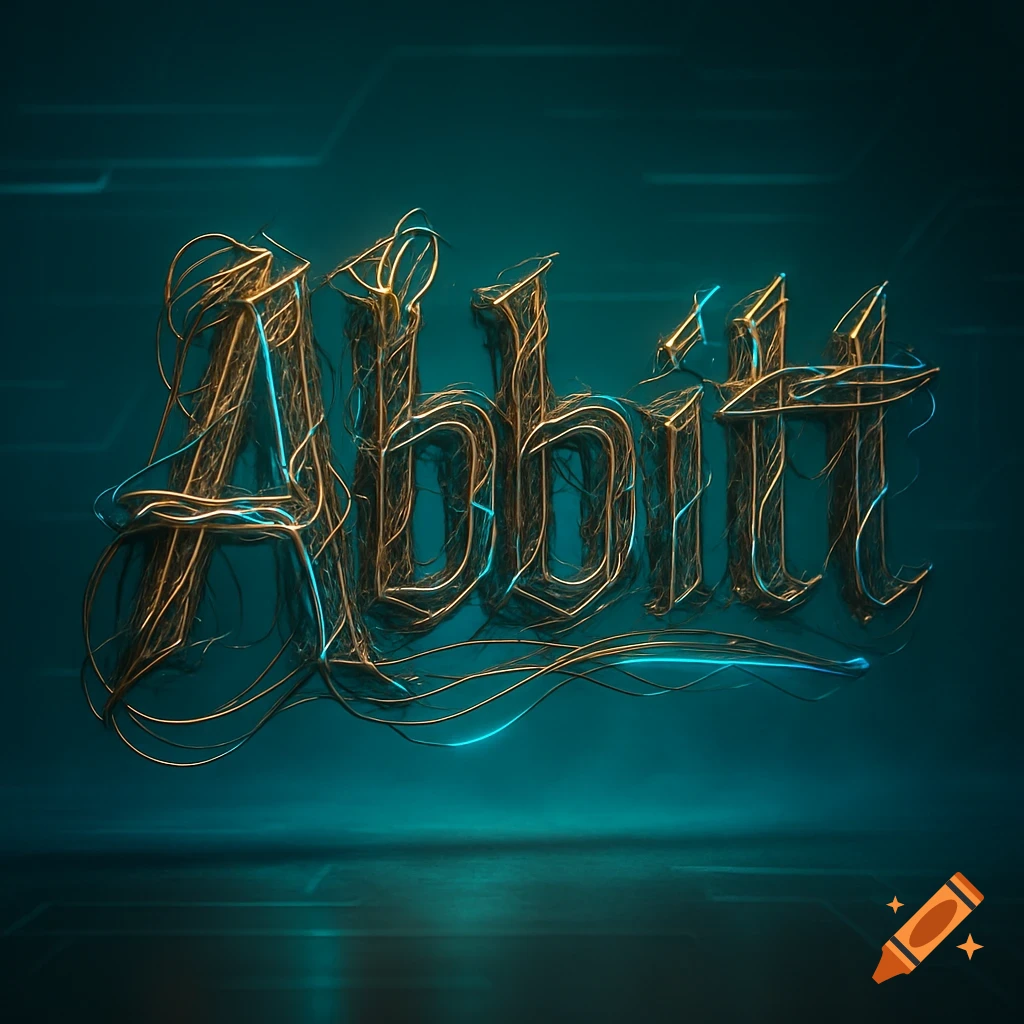 The word 'Abbitt' rendered in metallic gold wires with blue glowing accents, set against a dark teal background.