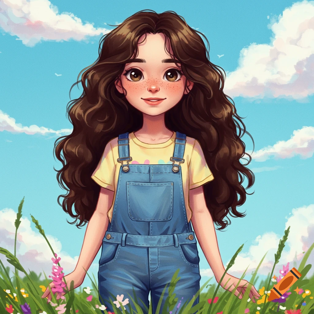 A cute cartoon girl with long brown curly hair and freckles wearing blue overalls and a yellow shirt stands in a field of green grass and wildflowers under a blue sky.