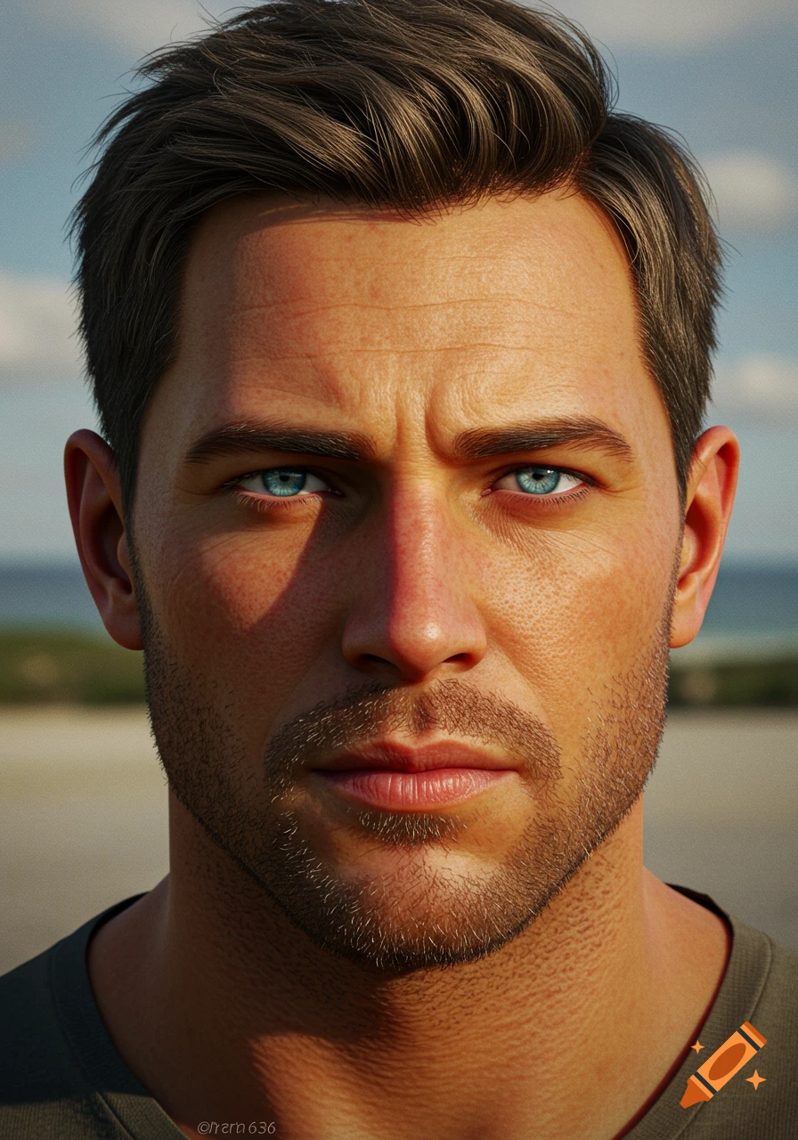 A detailed, photorealistic close-up portrait of a man with blue eyes and brown hair, looking directly at the viewer with a serious expression.