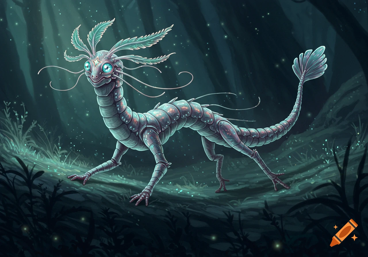 An iridescent, segmented fantasy creature with frond-like head tendrils, glowing eyes, and a fan tail stands in a dark, glowing forest.