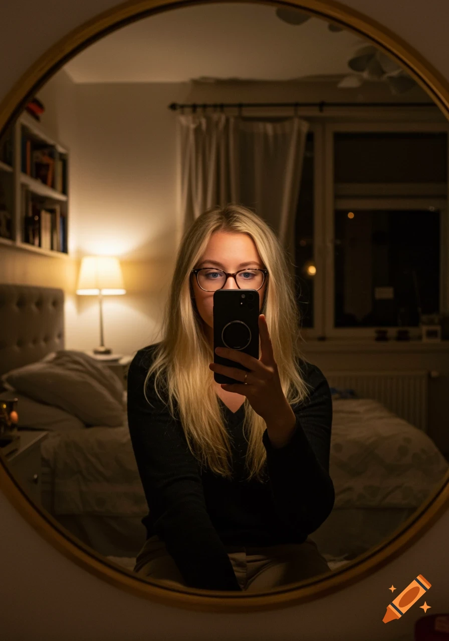 A blonde woman in glasses takes a mirror selfie with her phone in a warm, dimly lit bedroom at night.