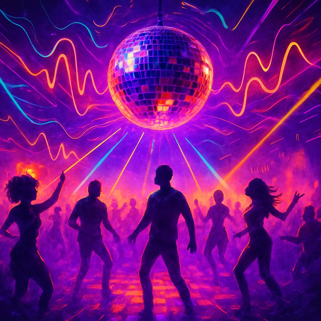 Silhouetted people dancing under a large disco ball with vibrant neon lights and laser beams in a club.