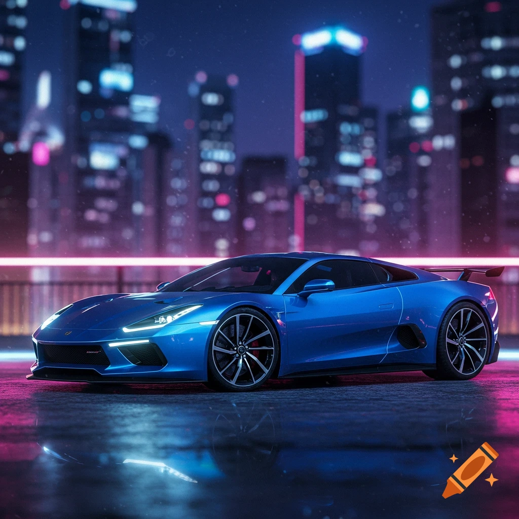 A sleek blue sports car on wet pavement at night, with a blurred cityscape and neon lights in the background.