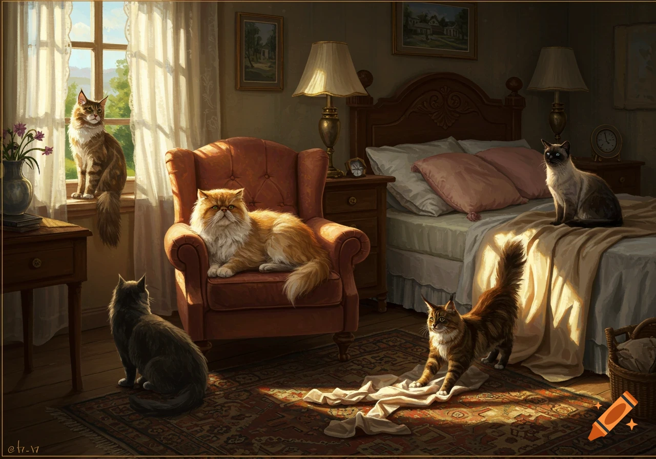 A realistic painting depicting five different breeds of cats lounging in a warm, sunlit bedroom.