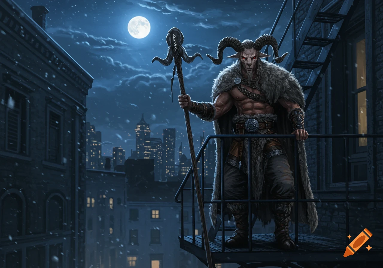 A muscular horned beast-man with red eyes and a furry cloak stands on a city fire escape at night, holding a staff, under a full moon with falling snow.