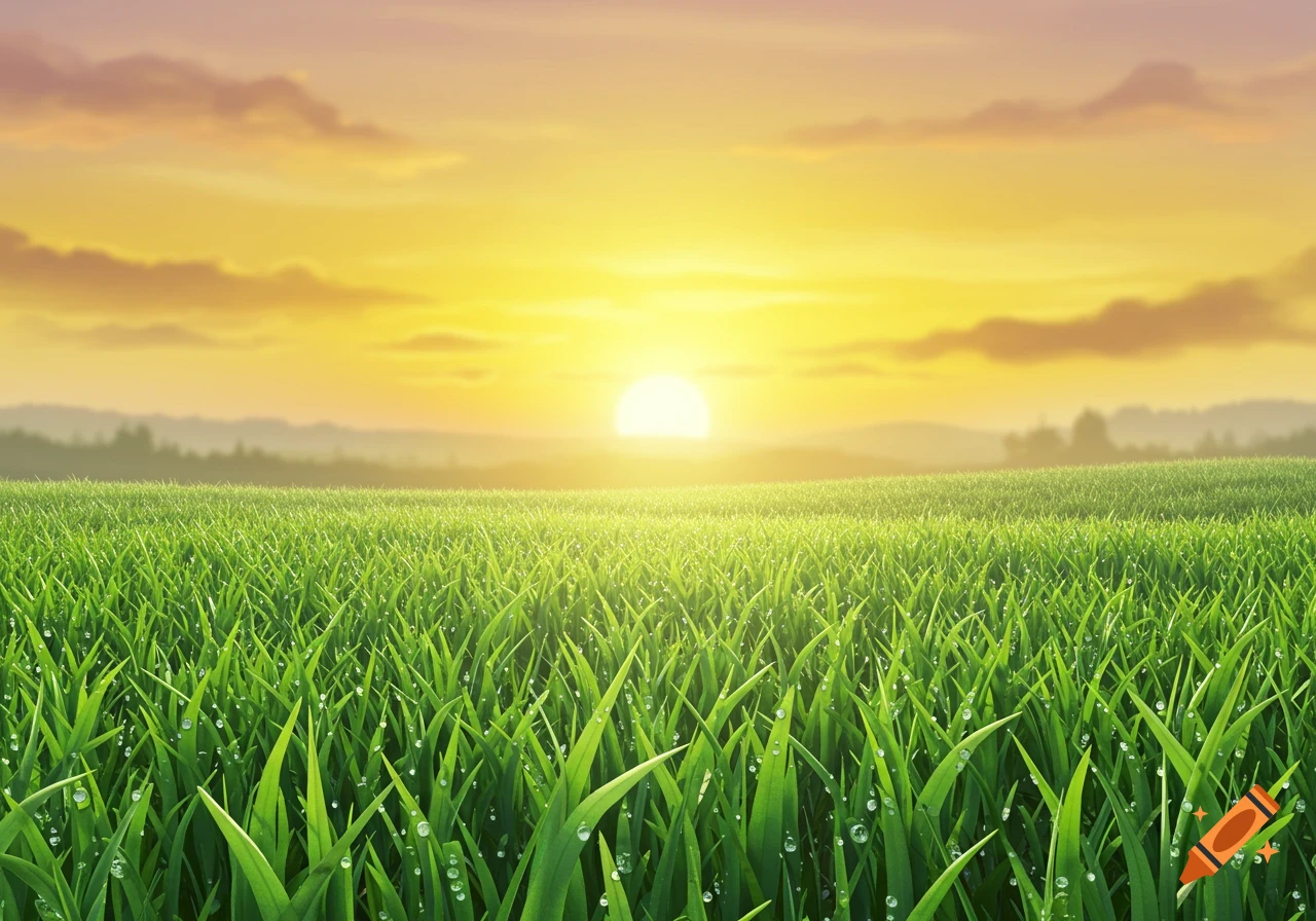 A vibrant green grass field covered in dew under a golden yellow sunrise with distant hills.
