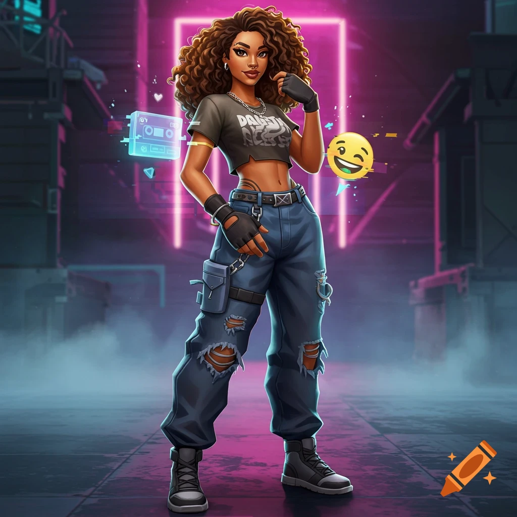 A stylized female character with curly hair, crop top, ripped baggy jeans, and sneakers stands in a neon urban setting.