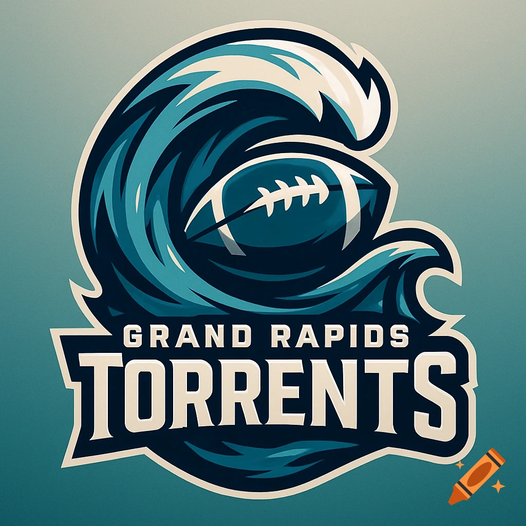A college football logo featuring a blue wave wrapping around a football, with 'GRAND RAPIDS TORRENTS' text.
