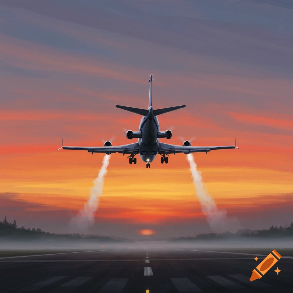 A large airplane takes off from a runway, silhouetted against a vibrant orange and purple sunrise sky with mist on the ground.