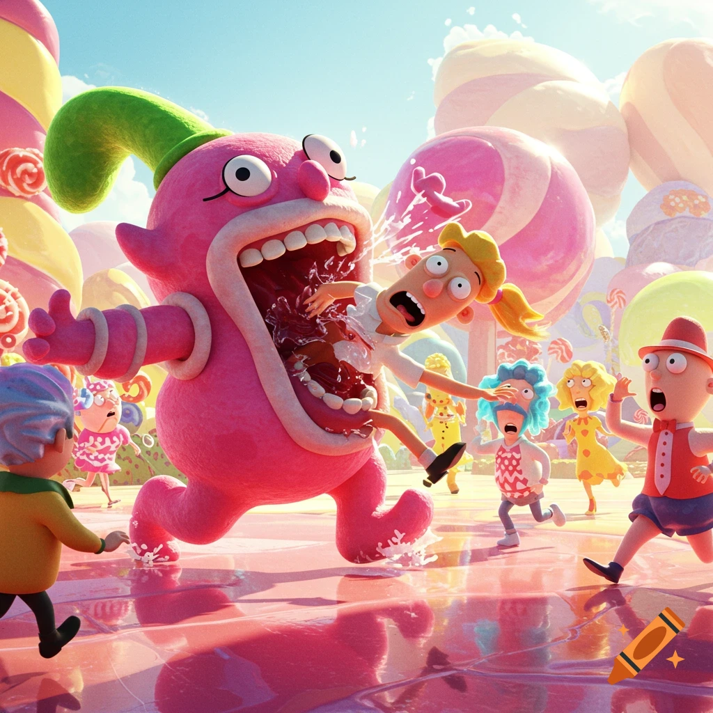 A large pink monster with a green hat swallows a blonde cartoon character, as other cartoon people flee in a vibrant, candy-themed world.