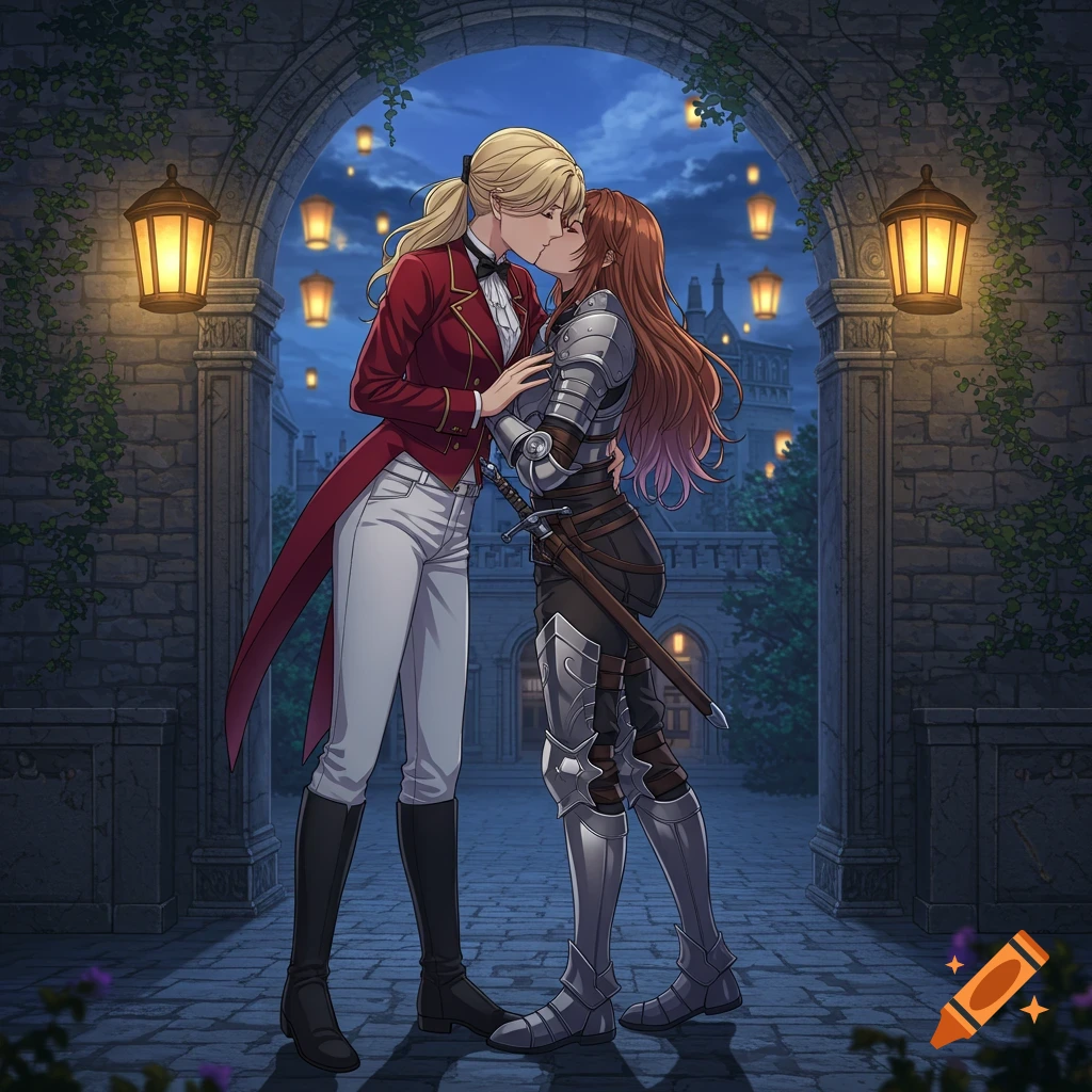 A mature anime style drawing of a blonde woman in a red tailcoat kissing a woman in battle armor in a courtyard at night.