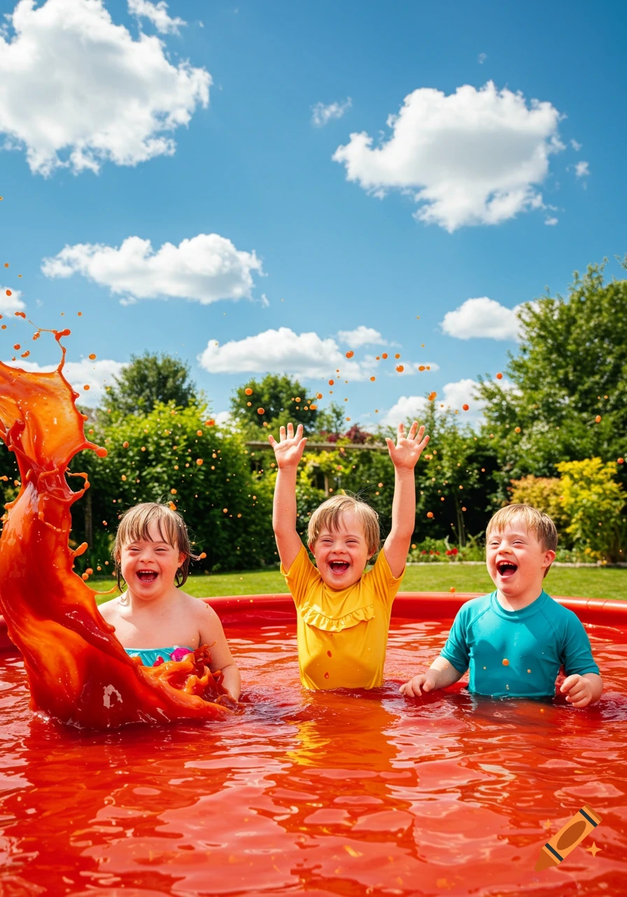 Photorealistic image of three joyful children with Down syndrome playing in a bright red pool, with a large splash, on a sunny day.